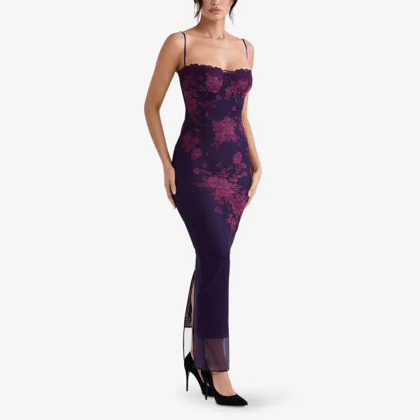 Aiza Floral Stretch Mesh Maxi Dress House Of Cb, Grape