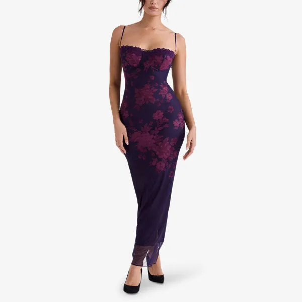 Aiza Floral Stretch Mesh Maxi Dress House Of Cb, Grape