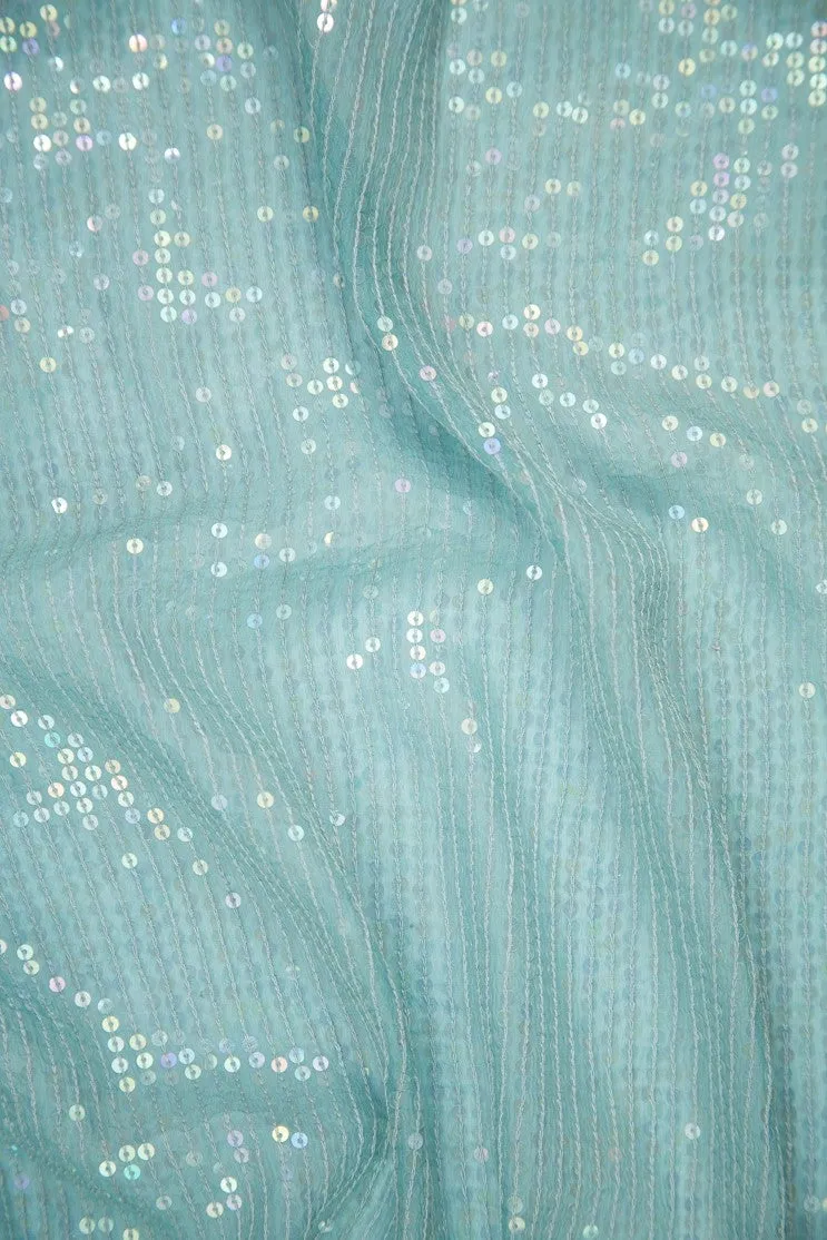 Aqua Sequins & Beads on Silk Chiffon JEC-132-8 Fabric