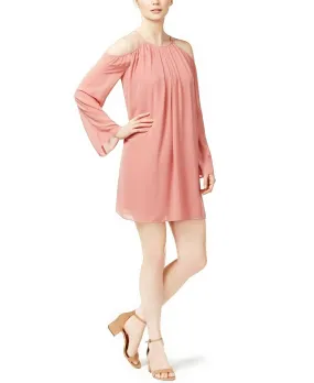 Bar III Women's Jewel Neck Cold-Shoulder Chiffon Dress, Pink, XXS