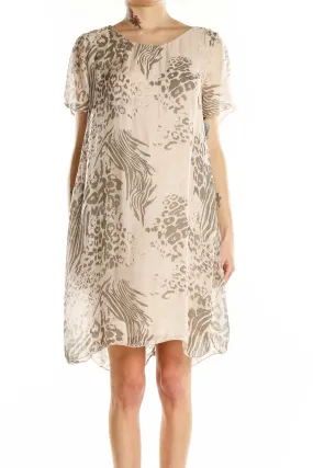 Beige Animal Print Silk Blend Shift Dress