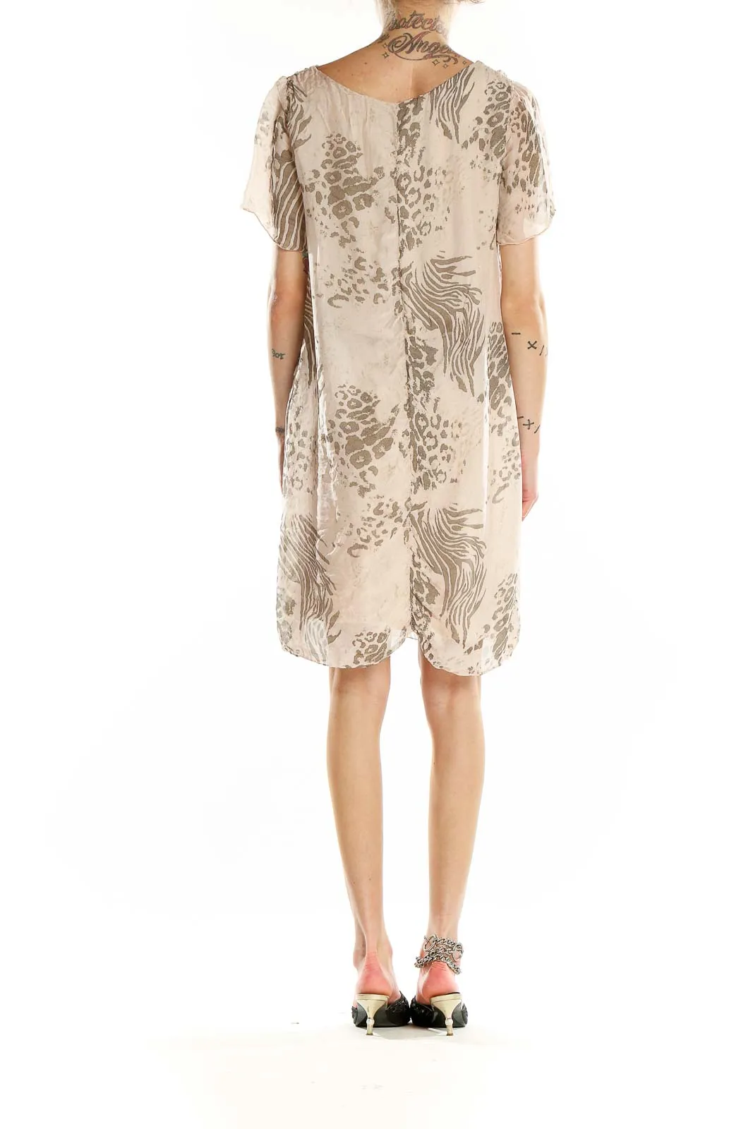 Beige Animal Print Silk Blend Shift Dress