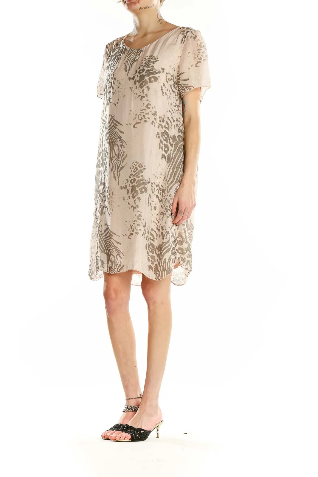 Beige Animal Print Silk Blend Shift Dress