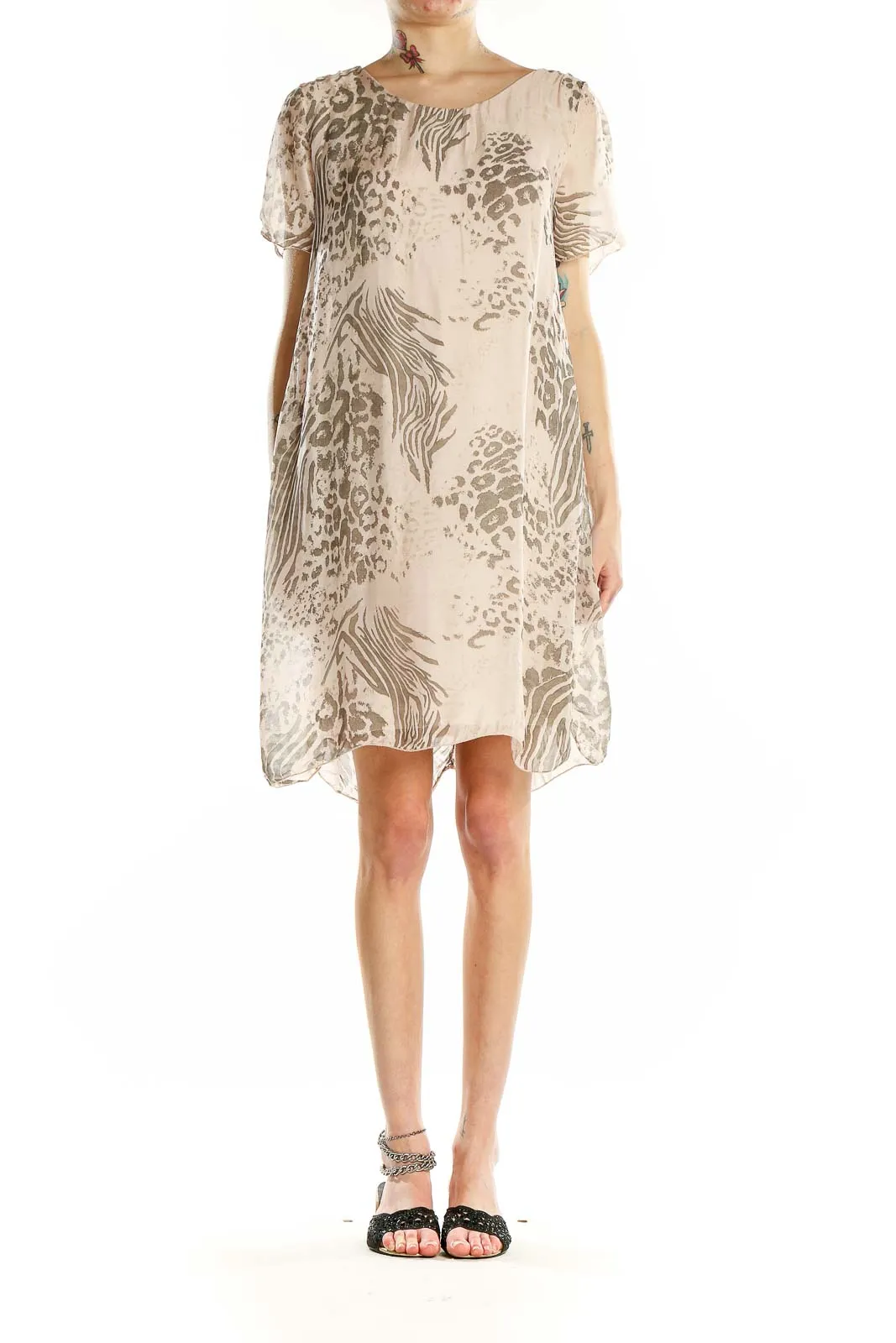 Beige Animal Print Silk Blend Shift Dress