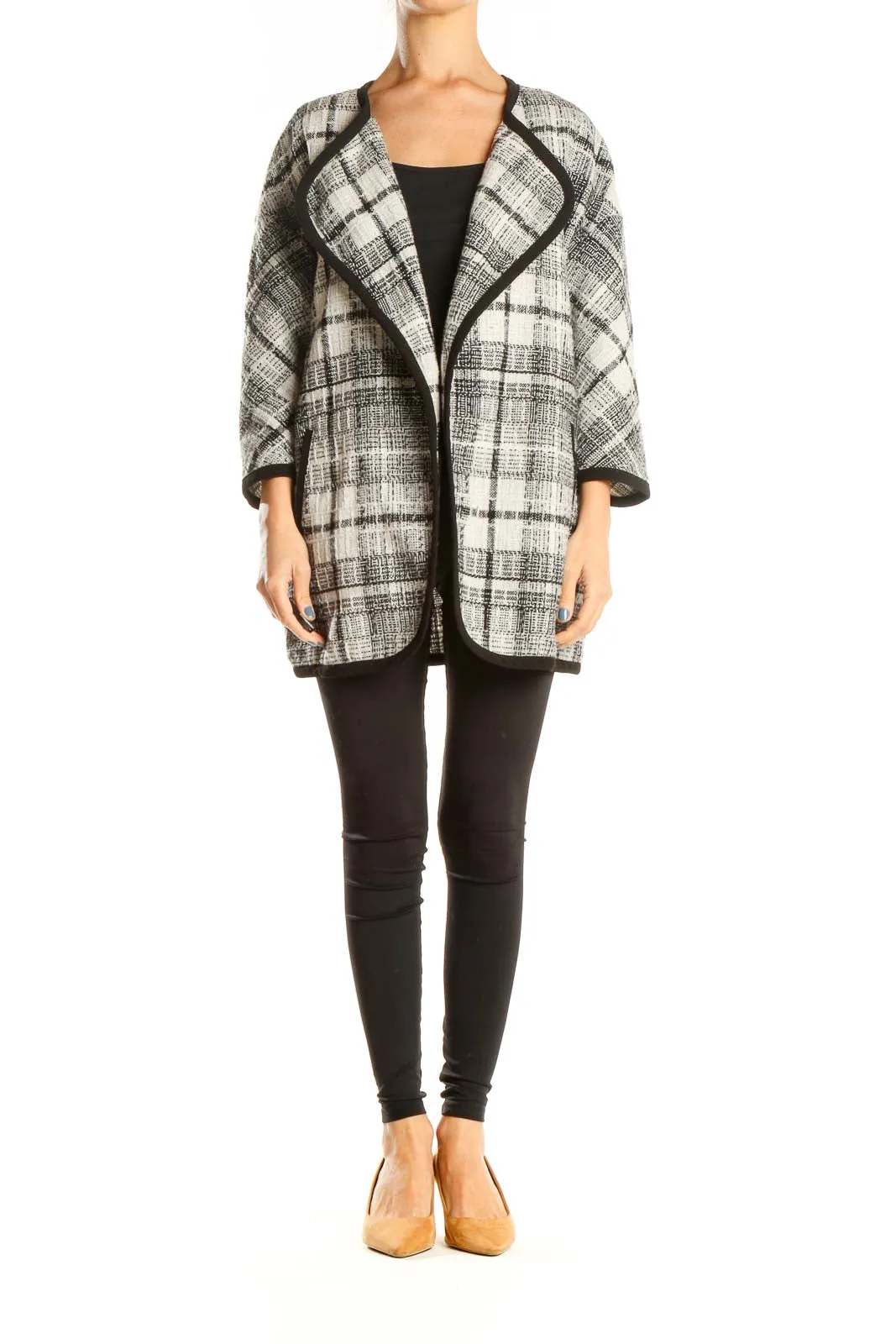 Beige Black Plaid Blazer Coat