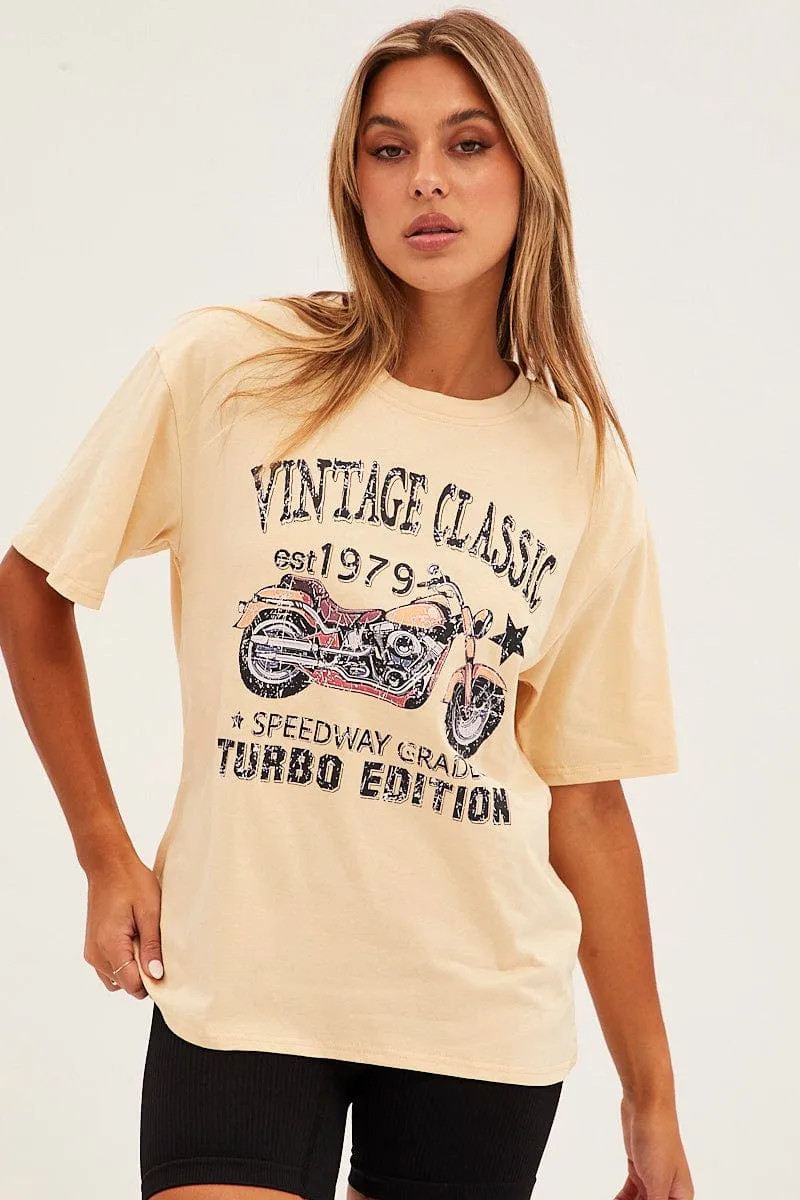 Beige Graphic Short Sleeve Oversized T Shirt