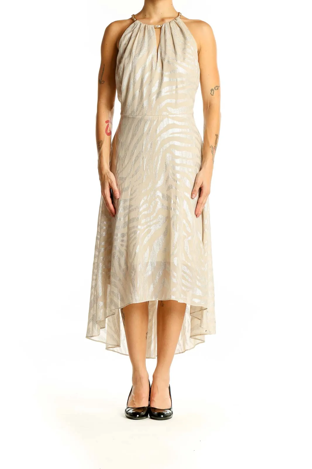 Beige Metallic Halter Neck Midi Dress