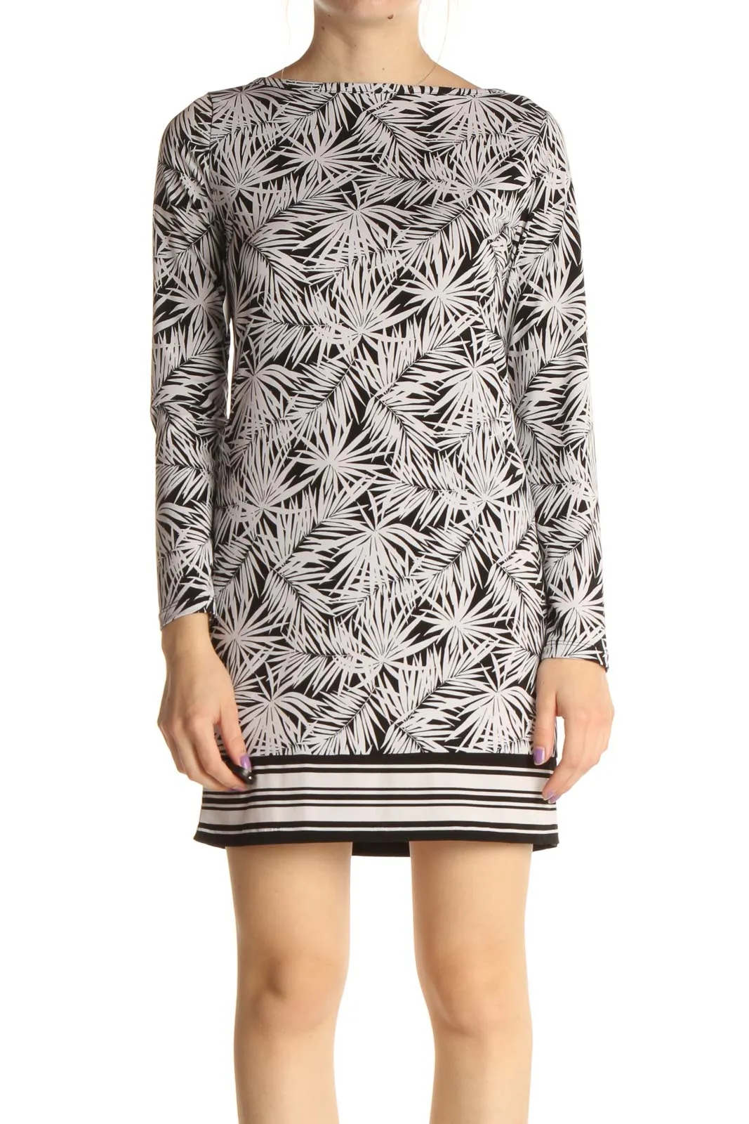 Beige Tropical Print Day Shift Dress