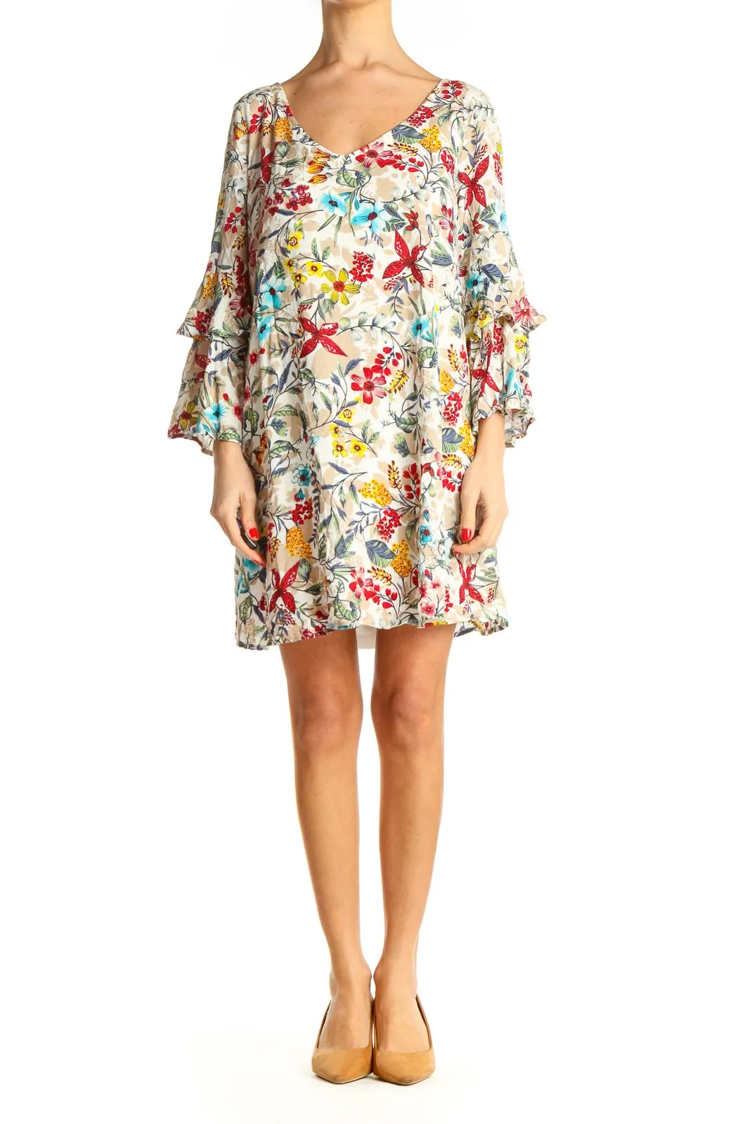 Beige Tropical Print Holiday Shift Dress