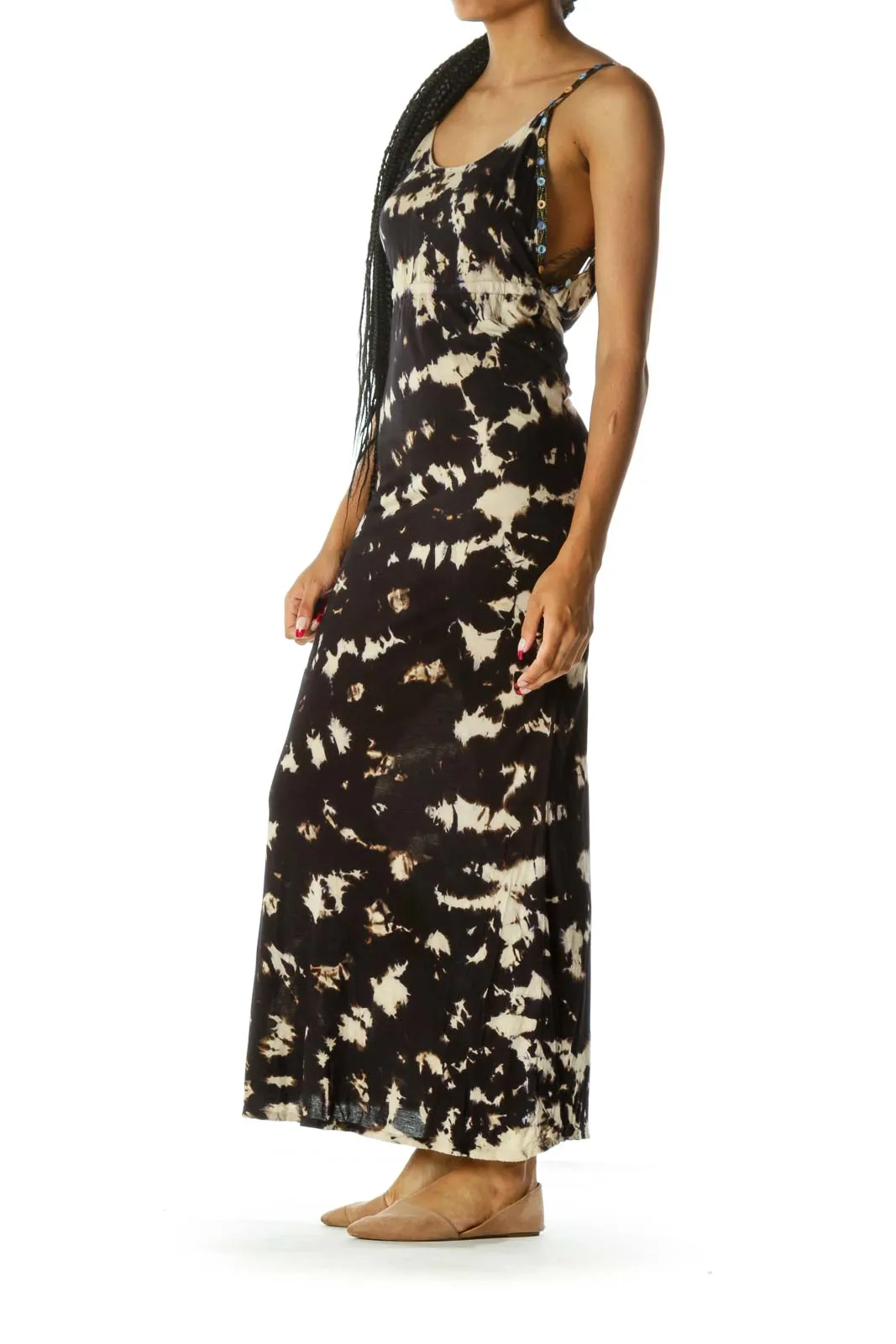 Black Brown Blue Tie Dye Back V-Neck Mirror Appliques Maxi Dress