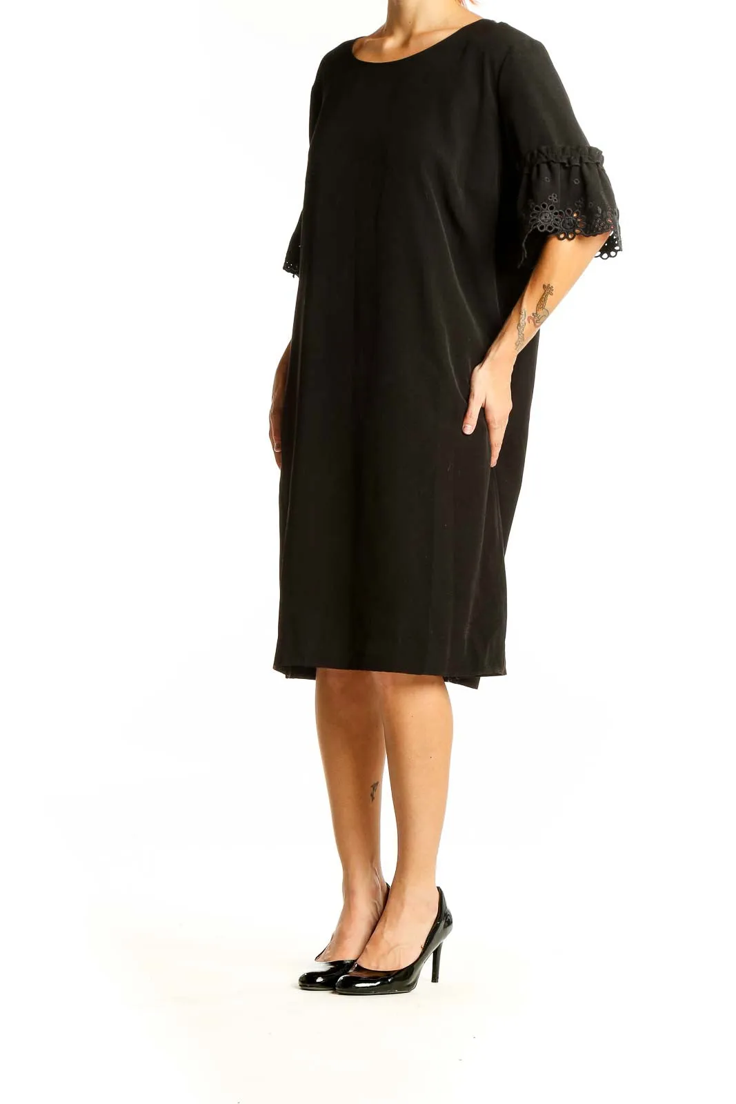 Black Elegant Shift Dress with Lace Bell Sleeves