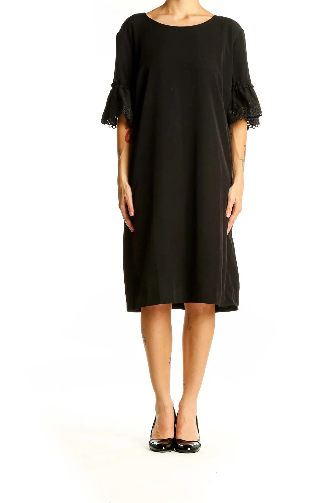 Black Elegant Shift Dress with Lace Bell Sleeves