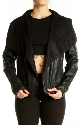 Black Faux Leather Draped Jacket