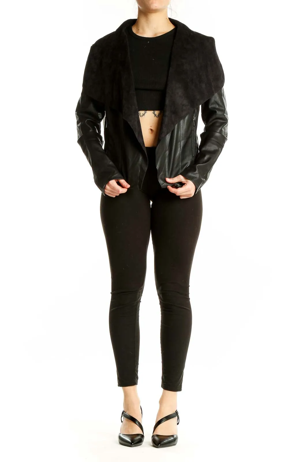 Black Faux Leather Draped Jacket