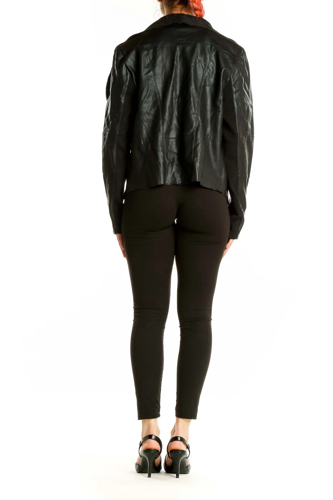 Black Faux Leather Draped Jacket