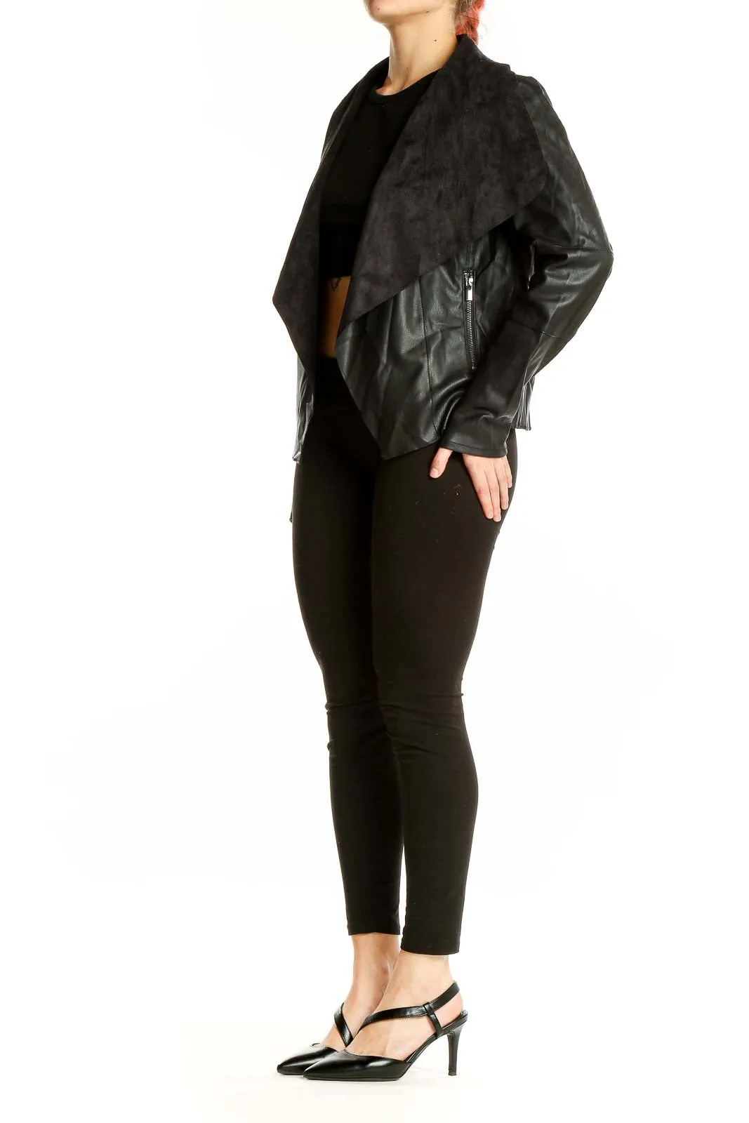 Black Faux Leather Draped Jacket