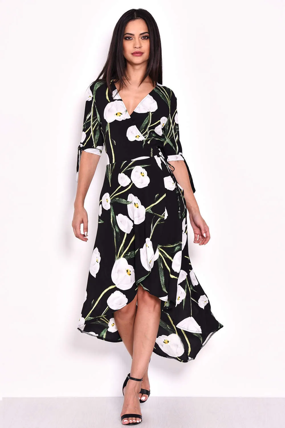 Black Floral Print Wrap Dress