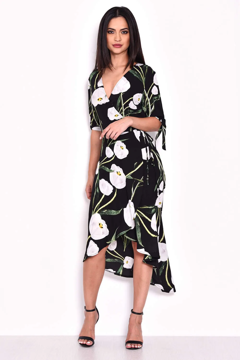 Black Floral Print Wrap Dress