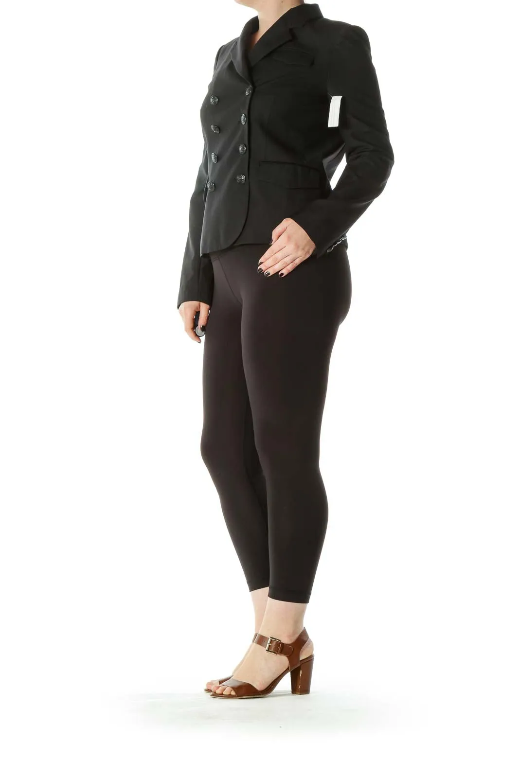 Black Lapel Pocketed Double-Breasted Design Long-Sleeve Blazer