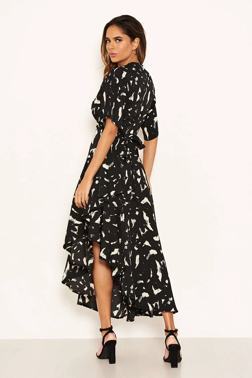 Black Printed Wrap Side Frill Dress