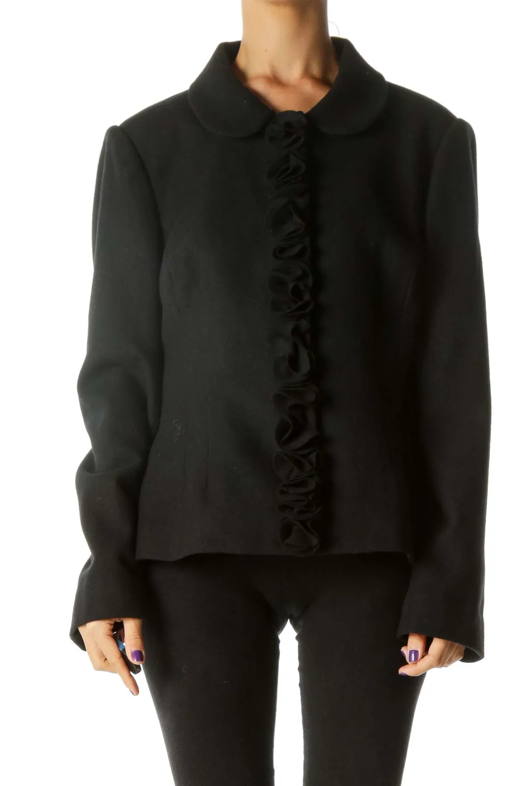 Black Ruffle Detail Collared Snap Buttons Padded Shoulders Blazer