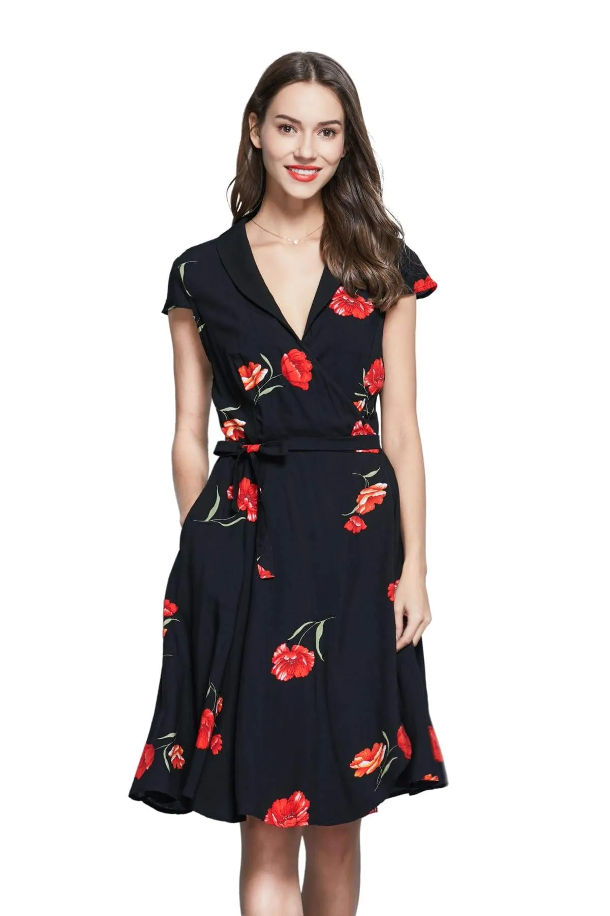 Black Shawl Collared Wrap Dress with Gorgeous Red Peony and Pockets