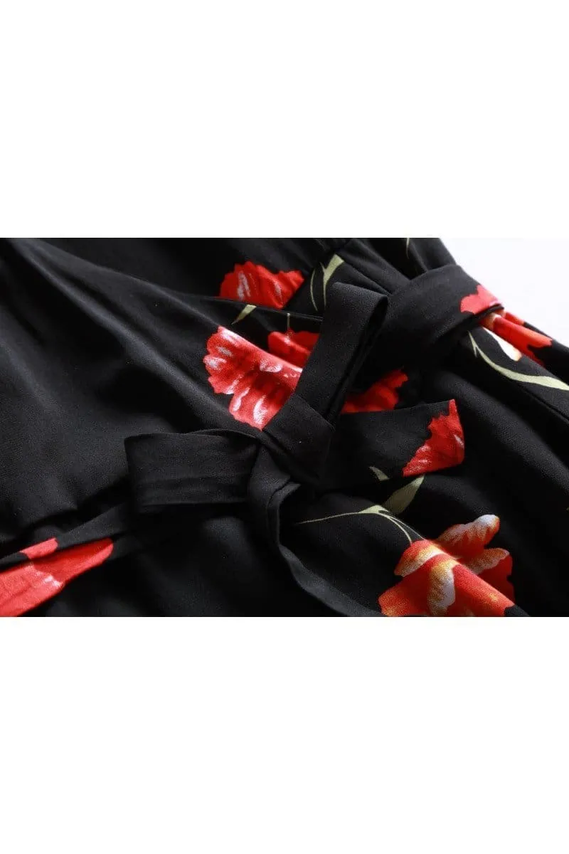 Black Shawl Collared Wrap Dress with Gorgeous Red Peony and Pockets