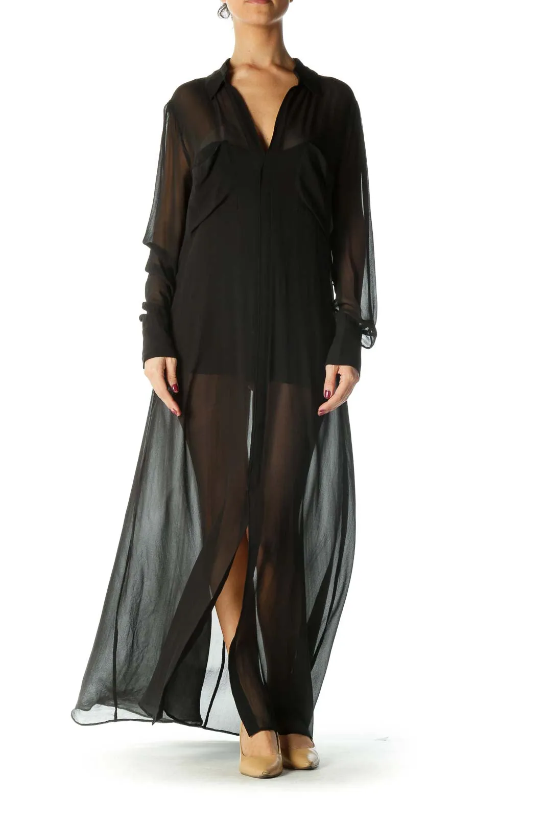 Black  Slitted Long Sleeve Deep V Neck Maxi Dress