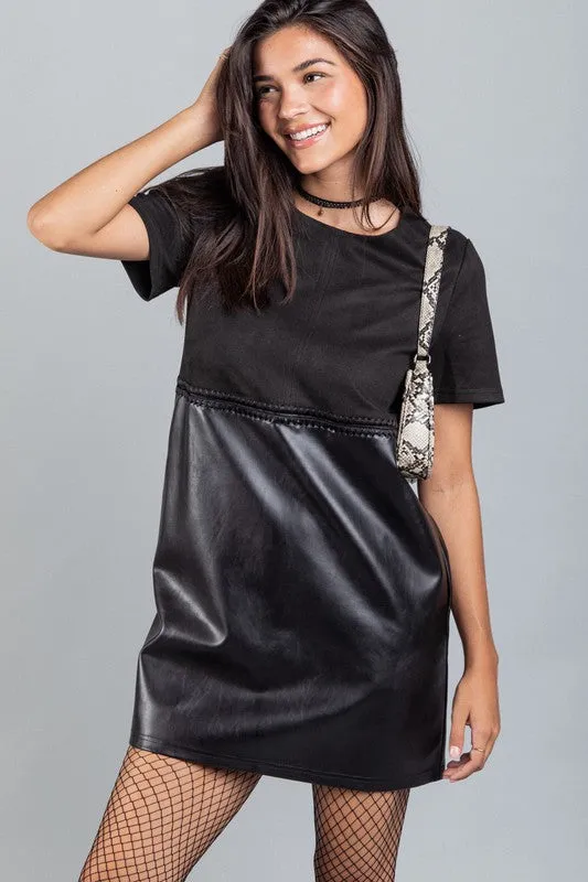 Black Waist Embroidered Suede & Leather Mini Dress