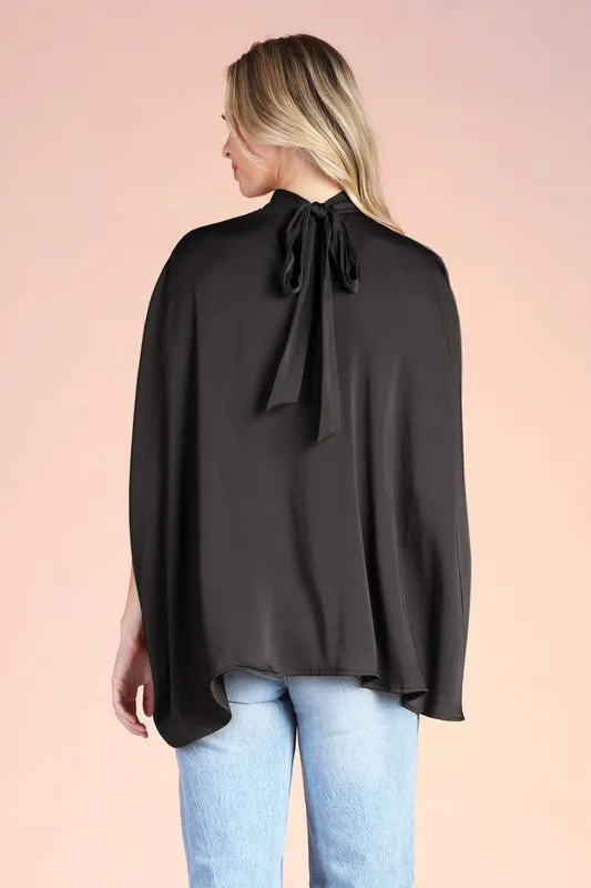 Black Washed Poly Silk Mock Neck Caftan Top