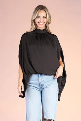 Black Washed Poly Silk Mock Neck Caftan Top