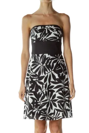 Black White Print Strapless A-Line Dress