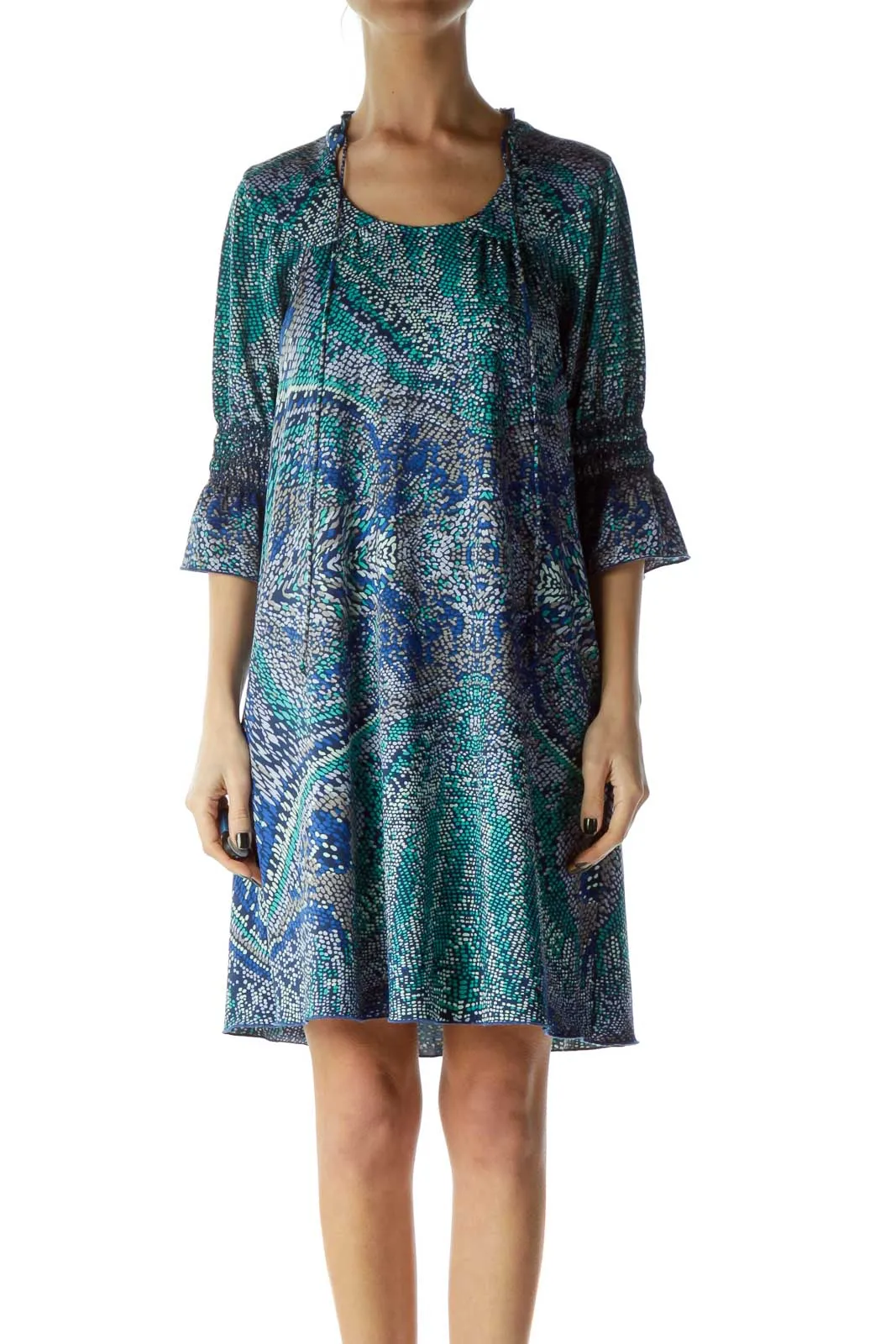 Blue Green Printed Shift Dress with Ruffle Detail