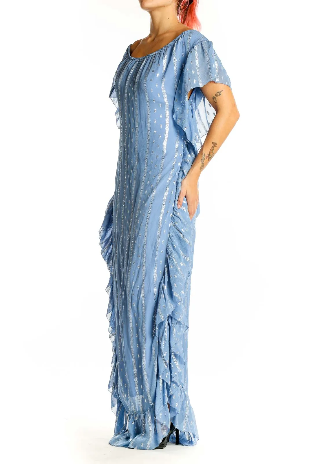 Blue Metallic Ruffled Maxi Dress