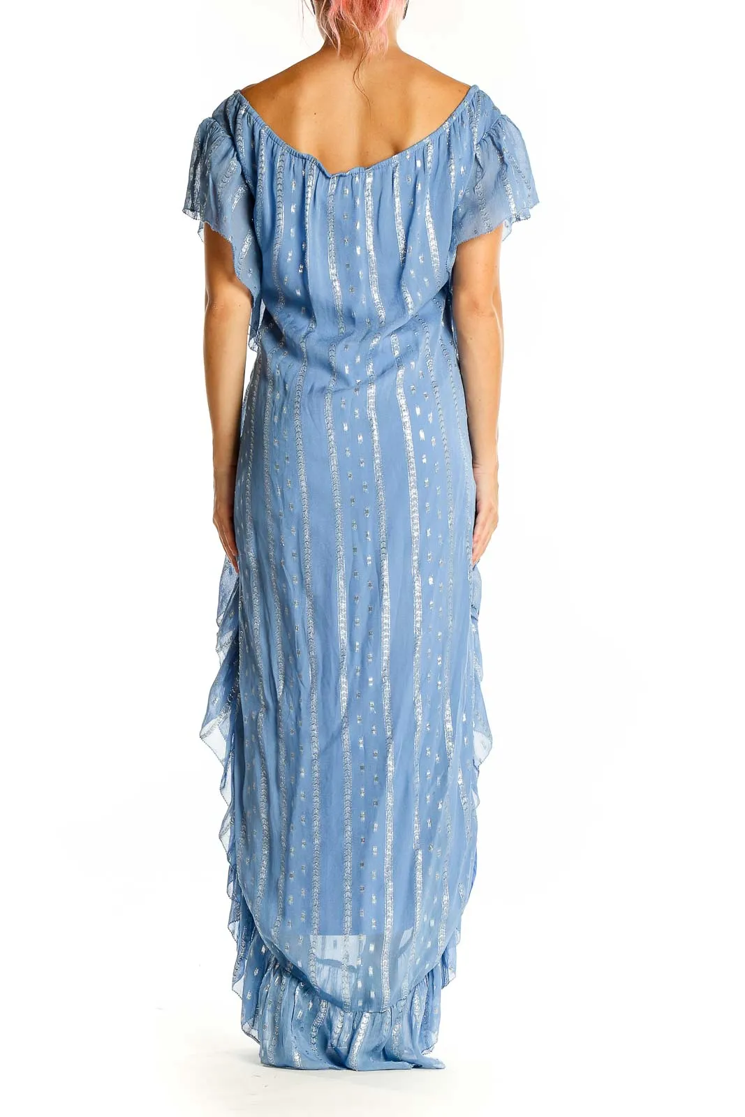 Blue Metallic Ruffled Maxi Dress