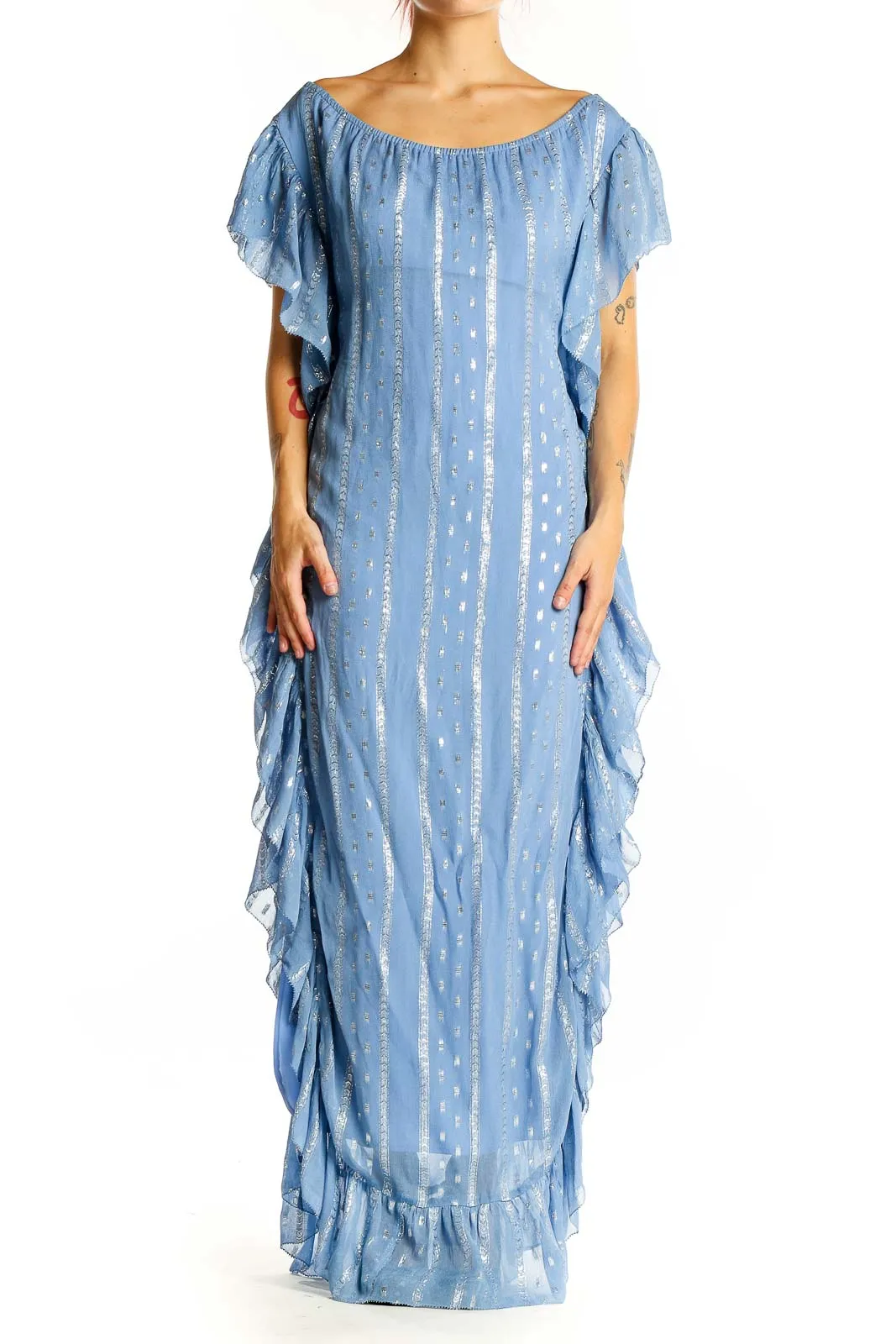 Blue Metallic Ruffled Maxi Dress