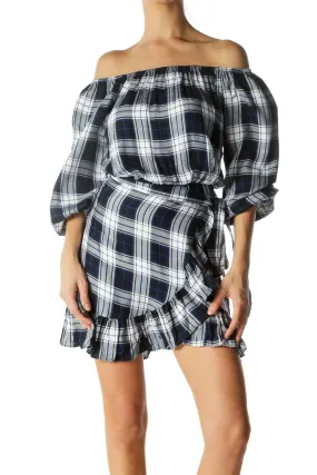 Blue white Plaid Off-Shoulder Wrap Dress