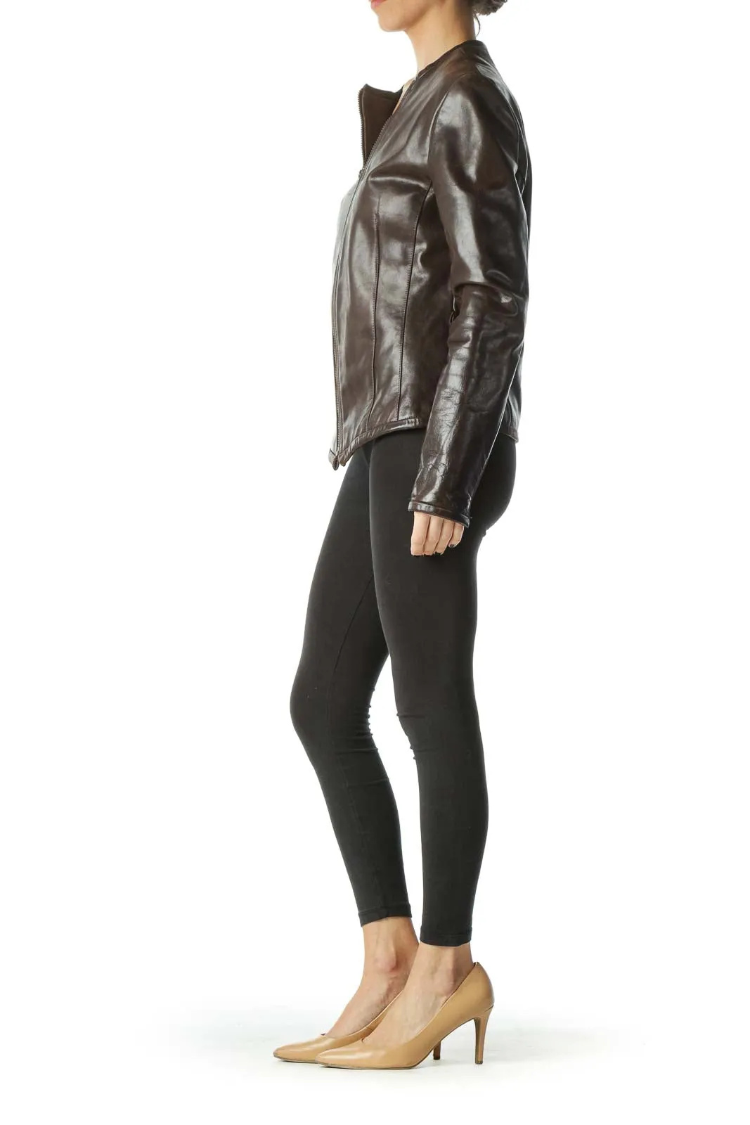 Brown Zippered Long Sleeve Heavy Leather Jacket