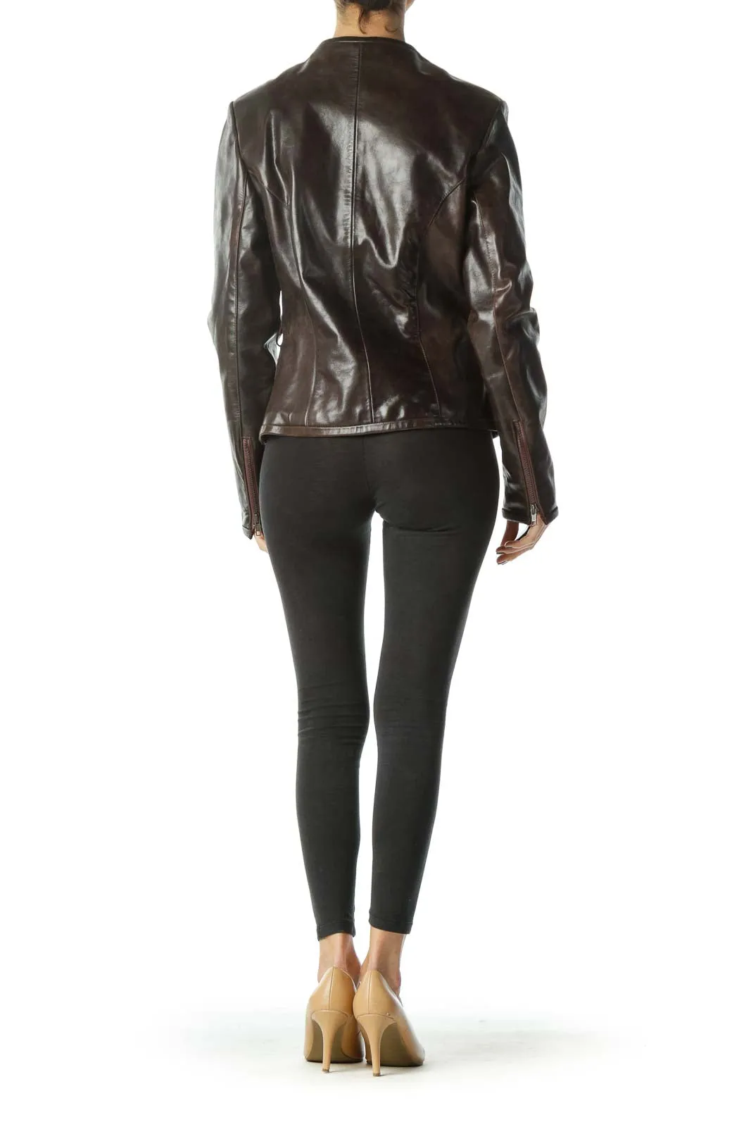 Brown Zippered Long Sleeve Heavy Leather Jacket