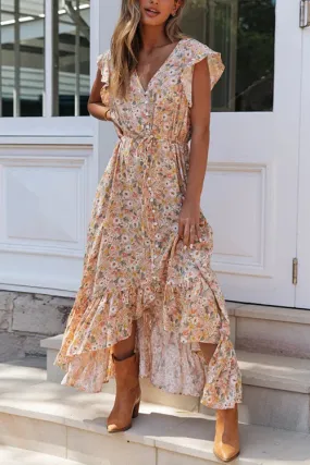 Button Ruffles Floral Drawstring Maxi Dress