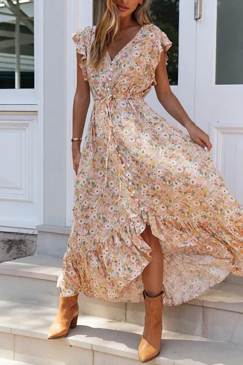 Button Ruffles Floral Drawstring Maxi Dress