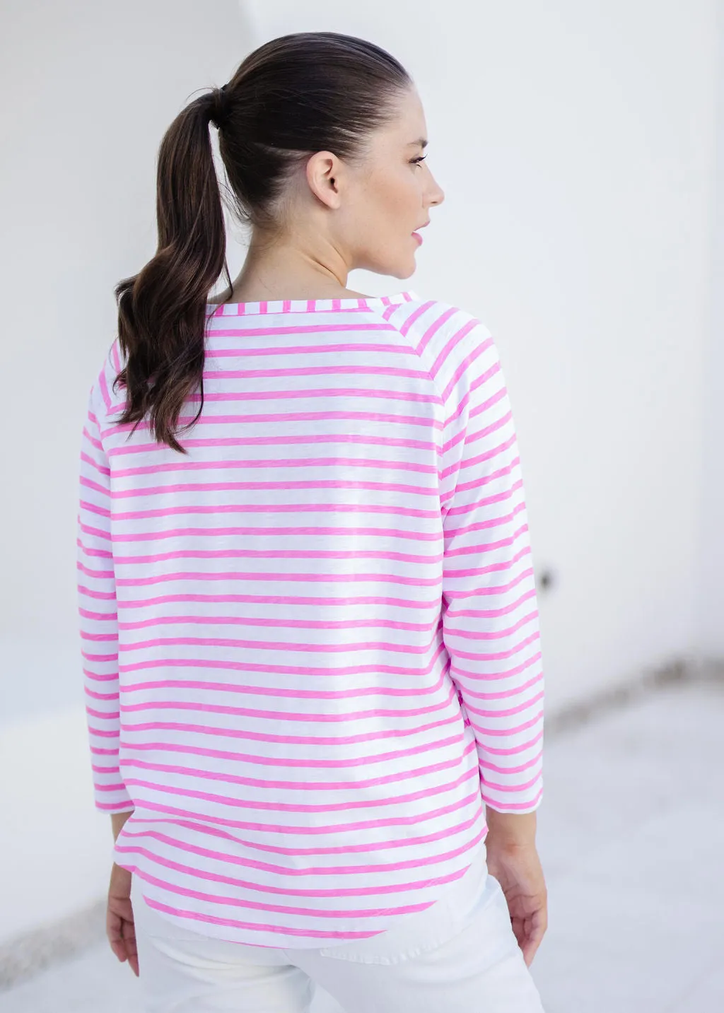 Cotton Raglan Sleeve Stripe Tee White/Bright Pink