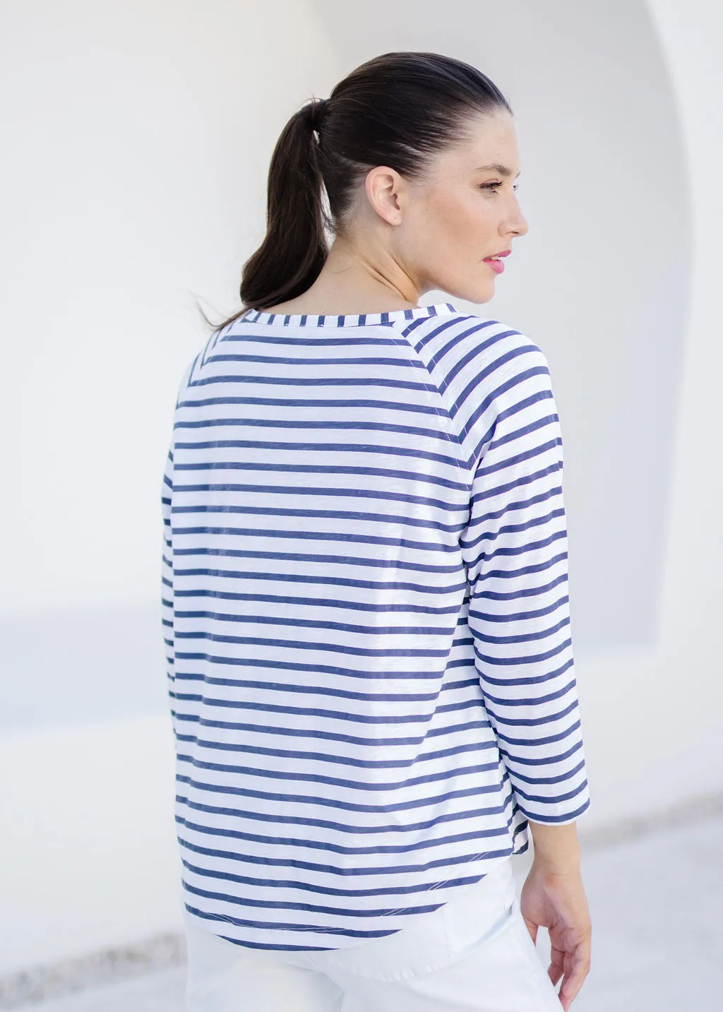 Cotton Raglan Sleeve Stripe Tee White/Navy