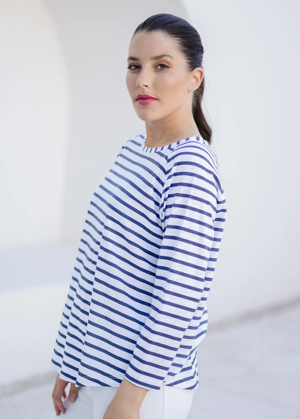 Cotton Raglan Sleeve Stripe Tee White/Navy