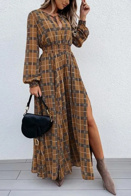 Emprie Waist Plaid Long Sleeve  Maxi Dress