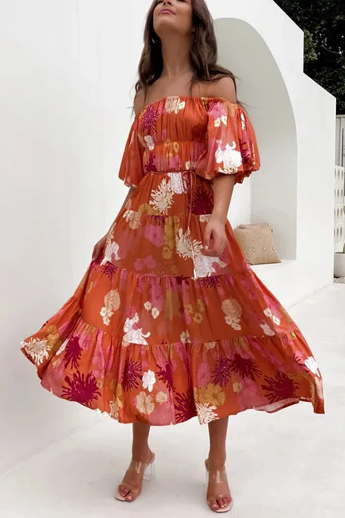 Floral Off Shoulder Shirring Maxi Dress