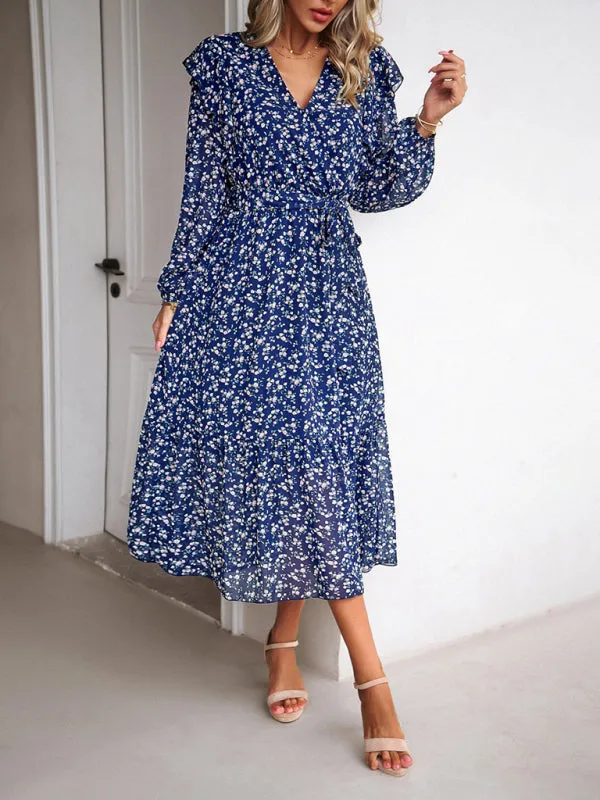 Floral Ruffle Belted Surplice Midi Dress with Long Sleeve