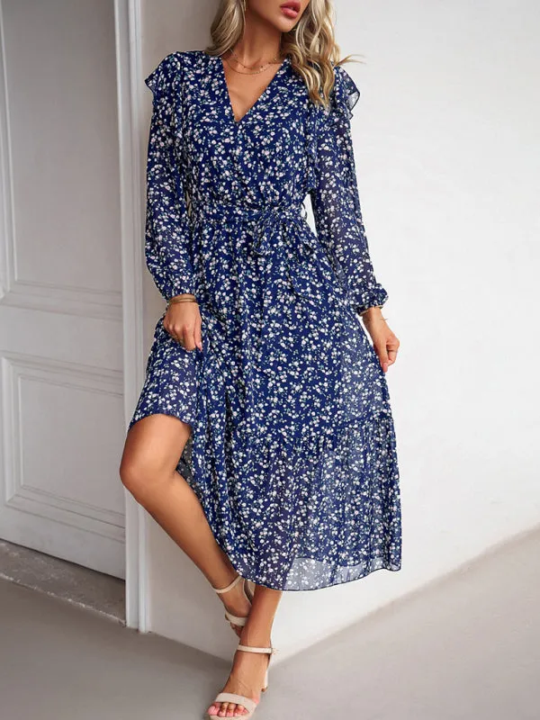 Floral Ruffle Belted Surplice Midi Dress with Long Sleeve