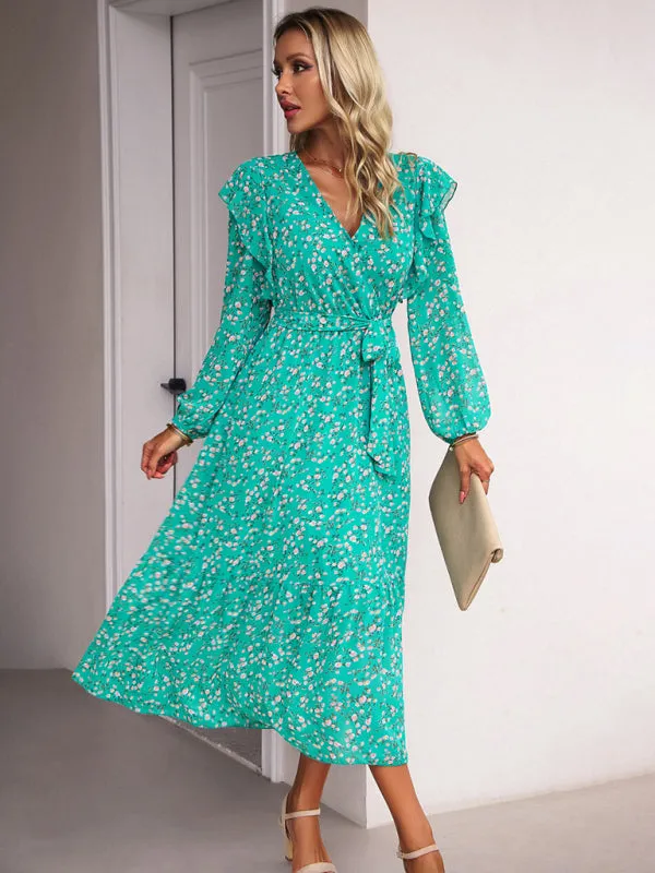 Floral Ruffle Belted Surplice Midi Dress with Long Sleeve