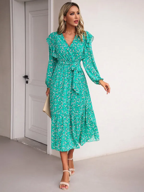 Floral Ruffle Belted Surplice Midi Dress with Long Sleeve